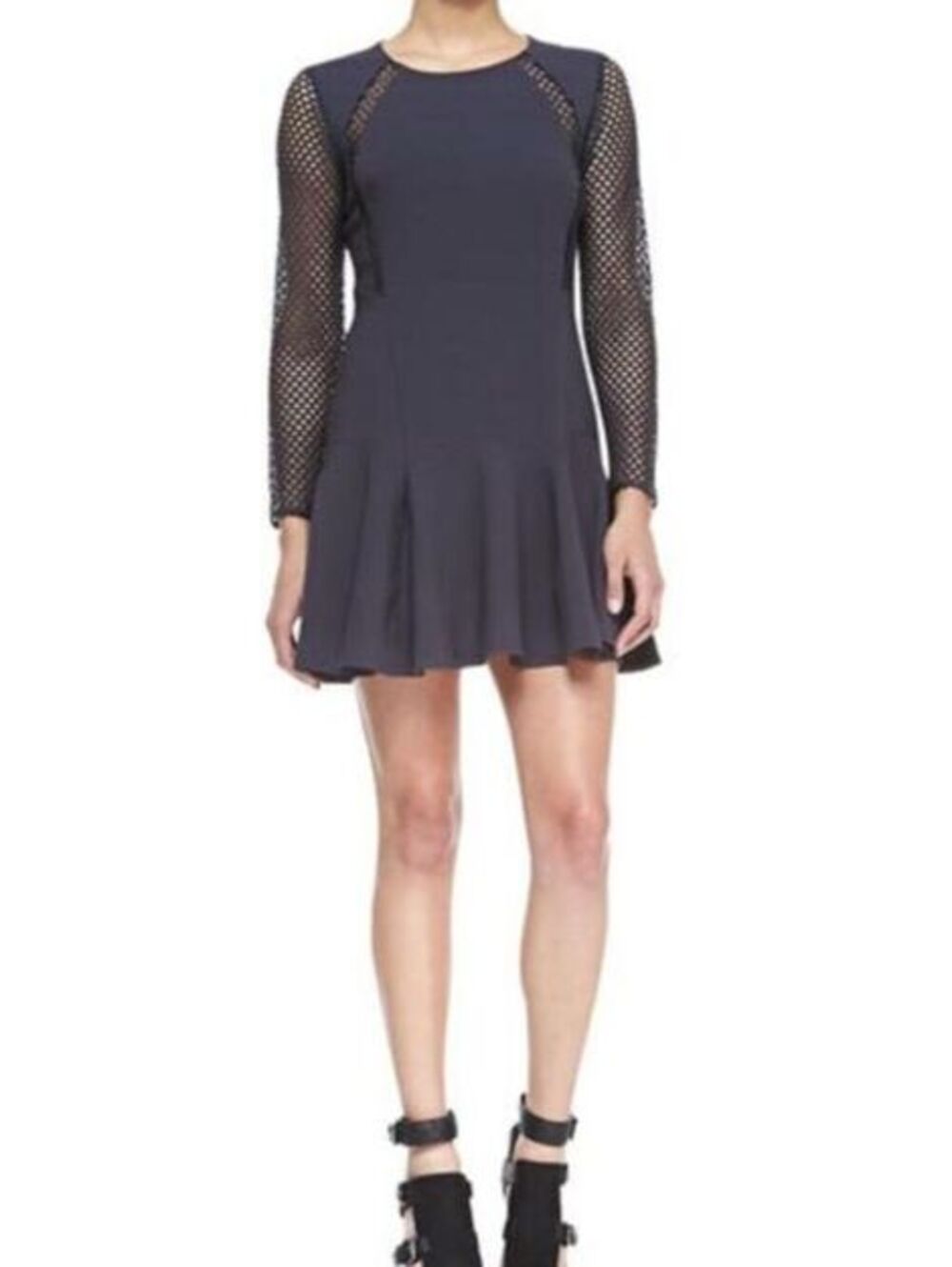 Rebecca Taylor Stormy Grey Mesh Sleeve Skater Mini Dress Size 8 Pleated